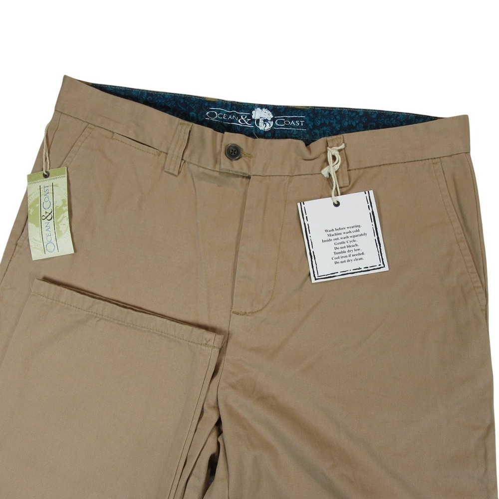 New Ocean Coast Mens Chino Pants Charleston Pant 36 x 32 Tan Cotton Flat Front